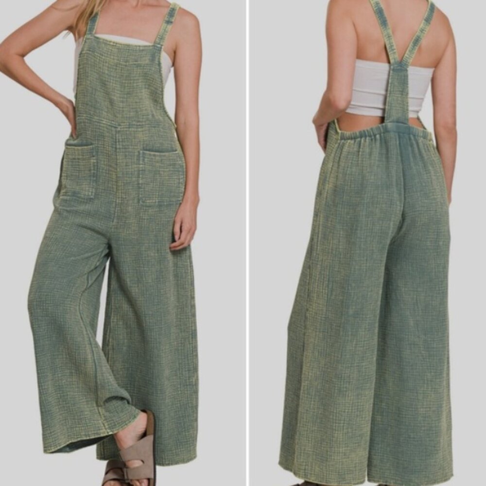 OVERALLS WASHED GAUZE COTTON WIDE LEG |  Ash Jade